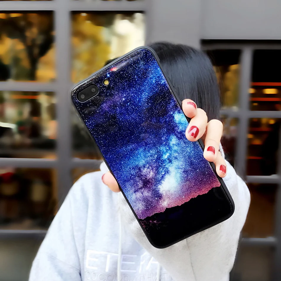TOMKAS Temper Glass Case For iPhone X 8 7 6 6s Plus Cover Phone Cases For iPhone X 8 7 6 s Case Silicone TPU PC Star Sky Pattern (8)