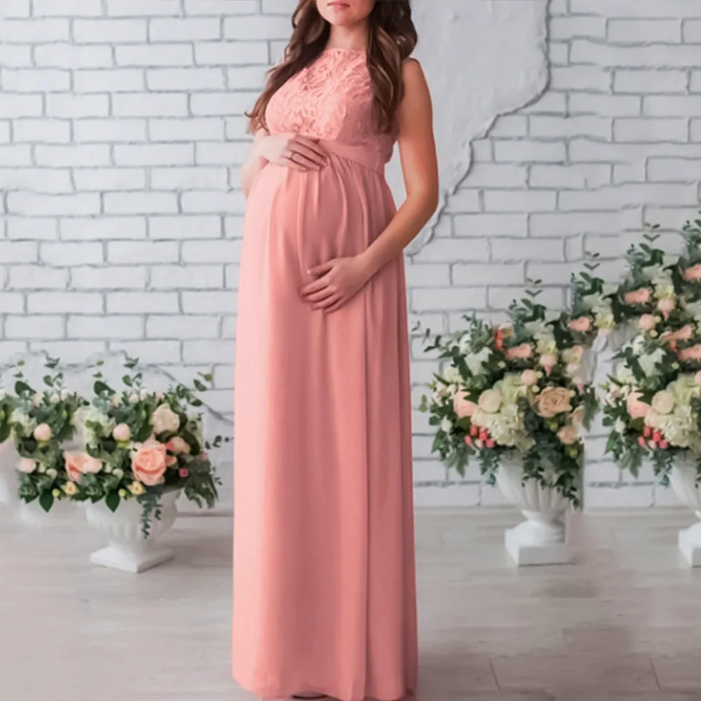 2019 Elegant Pink Pregnancy Dress Sleeveless Lace Long Dress for ...