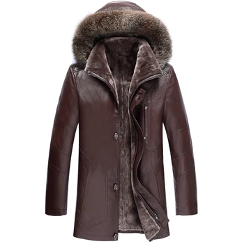 

Long Big Real Fur Collar Mens Winter Leather Jackets Thick Plus Size Cashmere Lining Sheepskin Coat Man