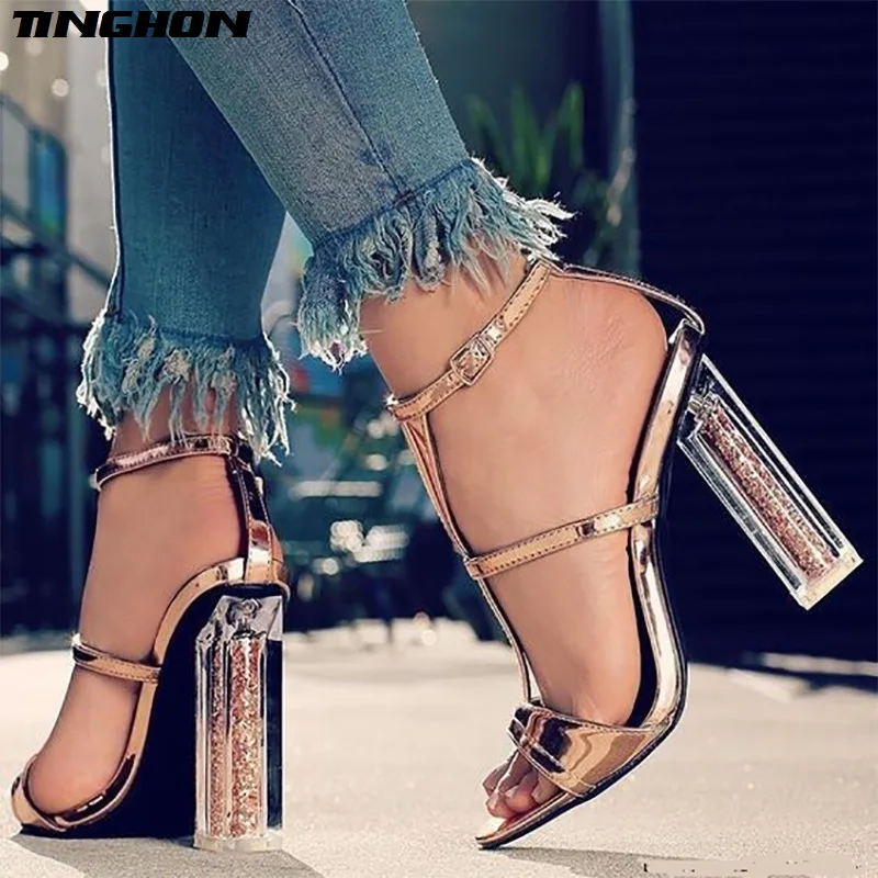 

TINGHON Summer Sandals Crystal Leopard Open Toed High Heels Women Transparent Cover Heel Buckle Strap Sandals Pumps