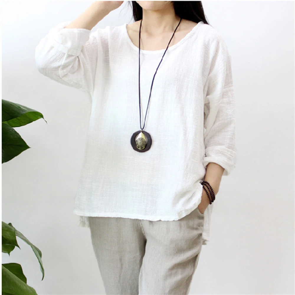 

Cotton Blouse Shirts Women Linen Vintage Casual Loose Large Tops Long Sleeve Solid O-Neck Shirts White Base Top Female Plus Size