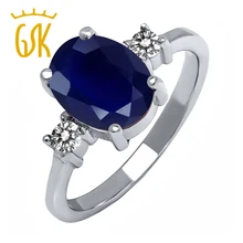 Óvalo Azul Zafiro GemStoneKing 2.63 Ct Diamante Blanco de Plata de Ley 925 Anillos de Compromiso Para Las Mujeres de La Vendimia