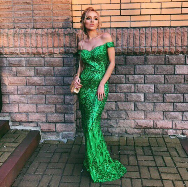 

Elegant Sequined Maxi Party Dress Off The Shoulder Floor Length Retro Party Gown Dress Navy Green Gold