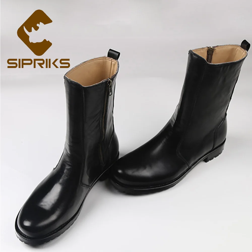 

Sipriks Italian Handmade Goodyear Welted Boots Genuine Leather Black Mid Calf Zip Boots Leather Outsole With Rubber Big 45 46 47