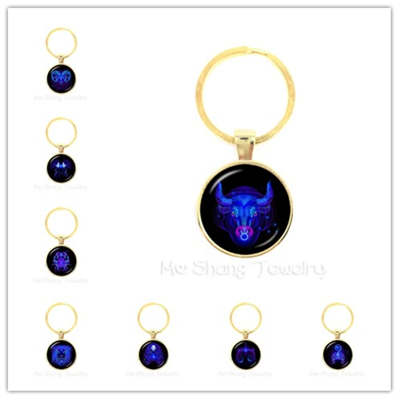 

Aries/Taurus/Gemini/Cancer/LEO Zodiac Signs Keychain Retro Twelve Constellations Cabochon Glass Time Gem Birthday Star Sign Gift