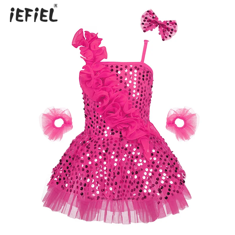 

iEFiEL Girls Ballroom Latin Dance Dress Costume Kids Dancewear Outfit Shiny Sequins Asymmetric Mesh Tutu Ballet Dress Clothing