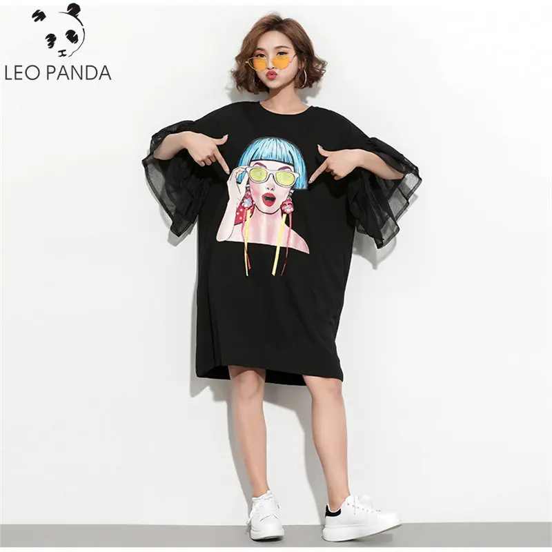 

2019 Women's Hip Hop T-shirt Big Sizes Tunic Dresses Female Ladies Pattern Flare Sleeve Fashion Designer Tops