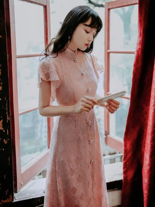 Женское элегантное Кружевное платье-Ципао розовое платье с разрезом и