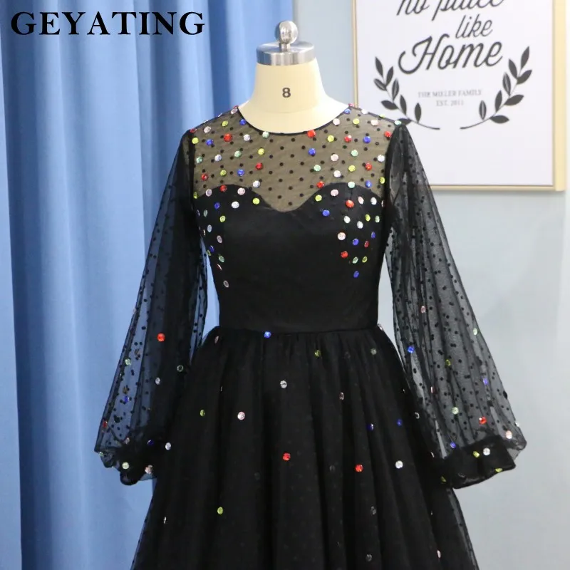 Арабское черное платье в горошек из тюля с кристаллами и длинными рукавами, Дубай, вечерние платья, элегантные женские вечерние платья больших размеров, длинное платье для выпускного вечера