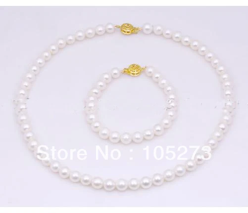 New Free Shipping Natural Pearl Jewelry Set Big 8-9MM Round Shaper White Freshwater Pearl Necklace Bracelet 18'' & 8'' Hot Sale