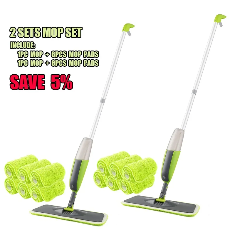 green 2set 6pcs pads Волшебная швабра с распылителем, деревянный пол с многоразовыми подушечками из микрофибры, ручка 360 градусов, домашние окна, кухонные швабры, метла, чистящие инструменты - Цвет: green 2set 6pcs pads