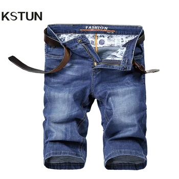 

KSTUN Mens Jeans Brand Shorts Jeans Men Denim Pants Sky Blue Elastic Slim Straight Casual Knee Length Shorts Jeans Lightweight