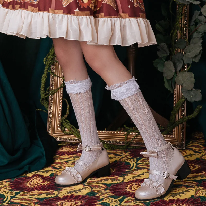 Милые кружевные длинные чулки Лолита сердце выдолбленные чулки белый ...