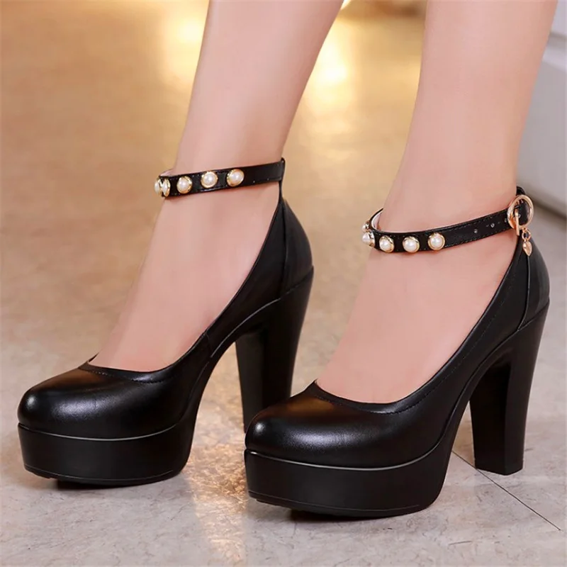 

Women Pumps 2019 Wedding Shoes Mary Jane Party Ankle Strap Pumps Platform Ladies Shoes Thick Heeled Black White Working Shoes