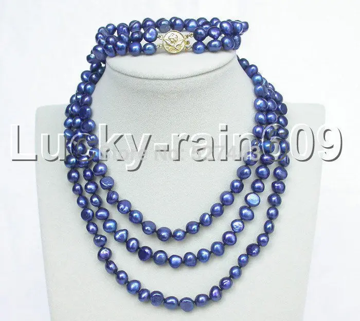 

Wholesale stylish 49" 8-9mm baroque navy blue FW pearls necklace 2row bracelet set e1449