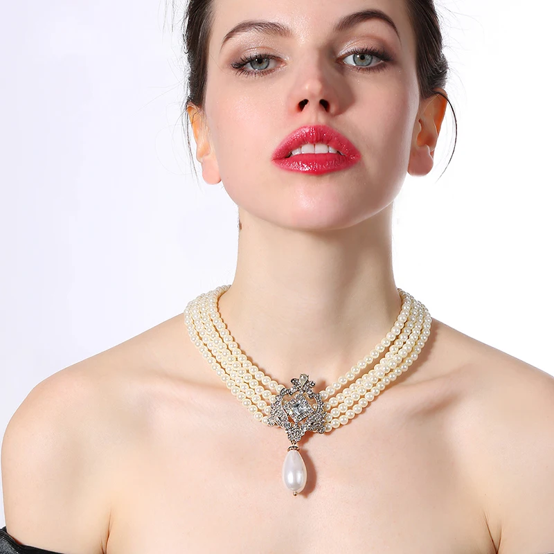 

Shiny Pearl Necklace Water Droplets Luxury High-end Women's Jewelry Brilliant Silver Color Multilayer Long Beads Chain For Party