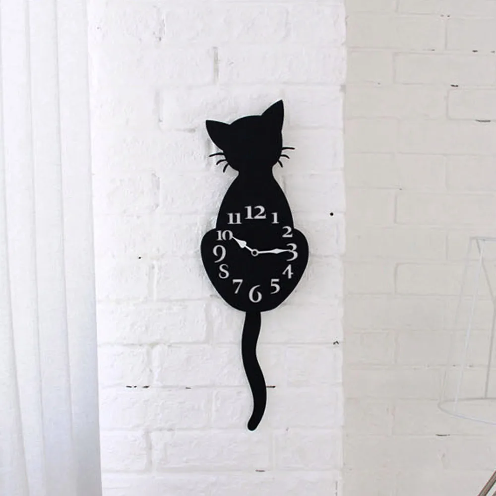 

New arrival Acrylic Creative Cartoon Cute Cat Wall Clock Home Decor Watch Way Tail Move Silence vintage wall clock modern design