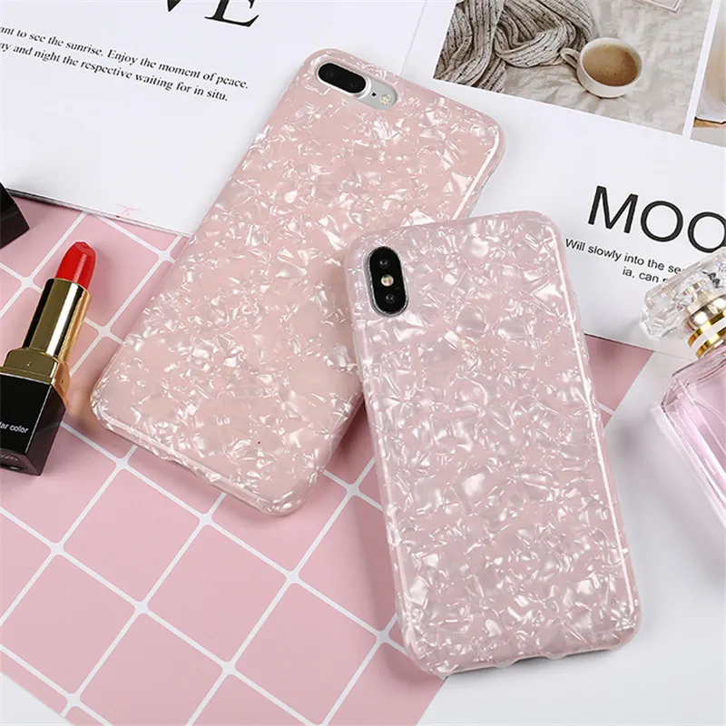 Pink Girly Silicone Case For iPhone 7 8 Plus Glitter Ocean Dream Shell Diamond Cover XR XS Max 6 6S Candy Cape |