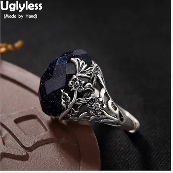 

Uglyless Real 990 Silver Natural Chalcedony Rings Women Luxury Palace Designer Finger Ring Vintage Hollow Engraved Flower Bijoux