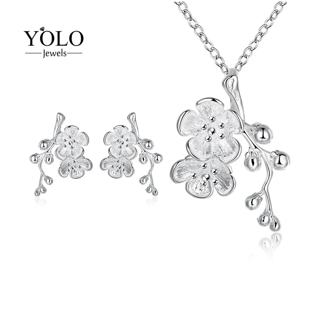 

YOLO Jewels Plum Blossom Jewelry Set for Women New Fashion Charm Necklace Delicate Stud Earring with Plant Statement Love Gift