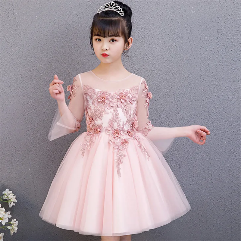 

3~13Years Little Girls Children Pink/White Color Flare Sleeves Birthday Wedding Party Princess Puffy Dress Baby Kids Prom Dress