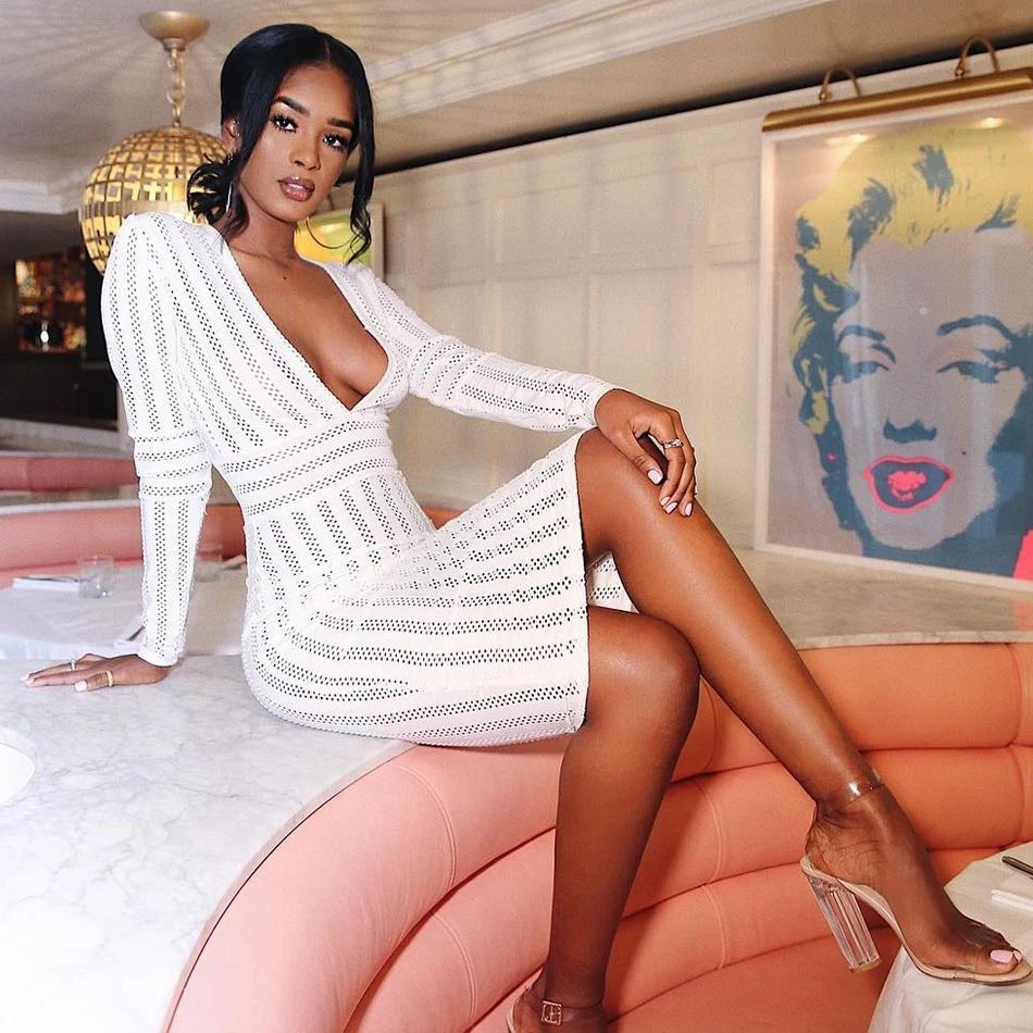 

DressBird Women Autumn Winter Long Sleeve Bandage Bodycon Dress Vestidos Sexy V Neck Midi Club Dress Elegnat White Winter Dress