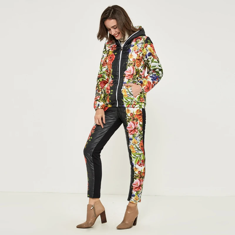 Najtaniej Hee grand 2019 kurtka zimowa kobiety dorywczo nadruk w kwiaty z kapturem ciepłe podstawowe garnitury Parka (płaszcz + spodnie zestawy) zima znosić WAT270