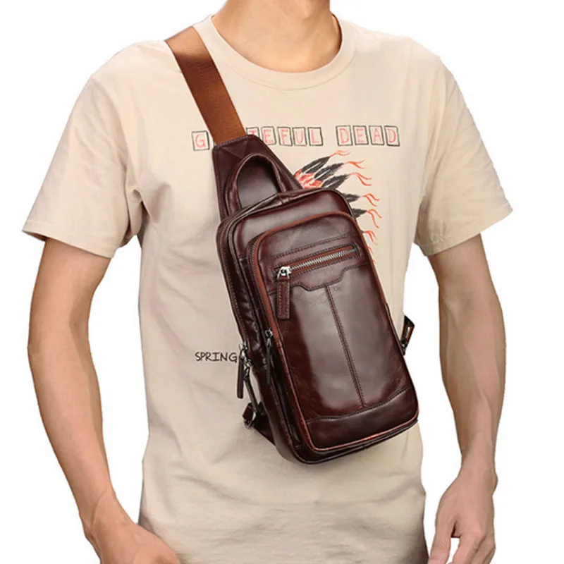 

Men High Quality First Layer Cowhide Genuine Leather Sling Chest Bag Vintage Handbag Travel Messenger Shoulder CrossBody Bag