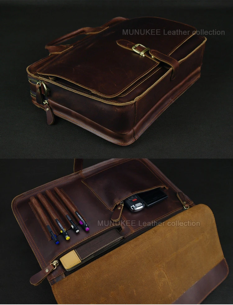 Luxury Genuine Leather Men Briefcase Business Bag Leather portfolio Laptop Bag Shoulder Messenger Bag male Document Office bag 5