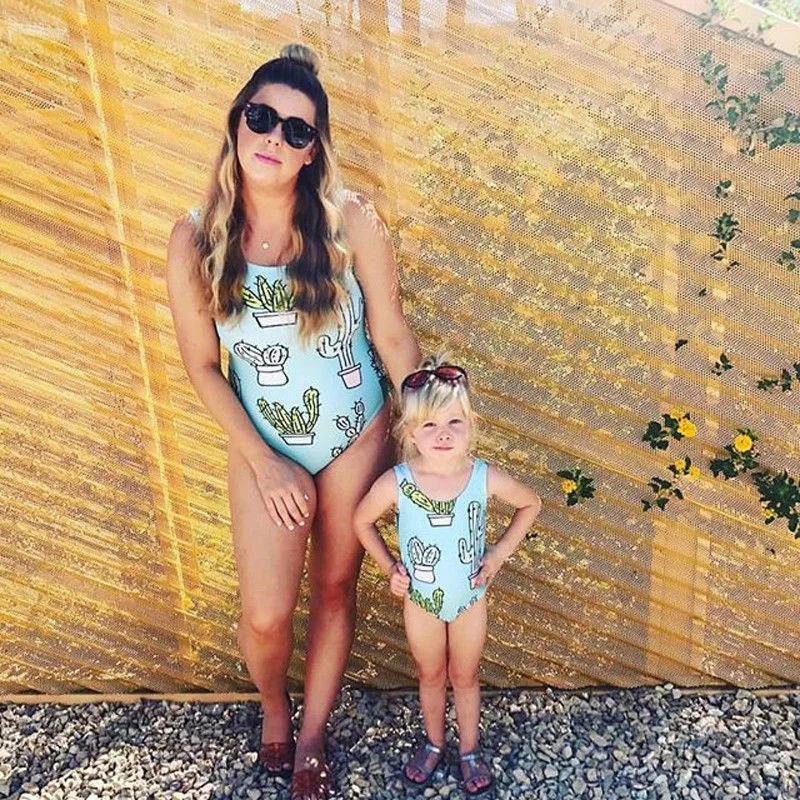 

Fashion Mother Daughter Bikini Family Matching Women Kids Girls Cactus Printed Swimwear One Piece Swimsuit Family Look Beachwear