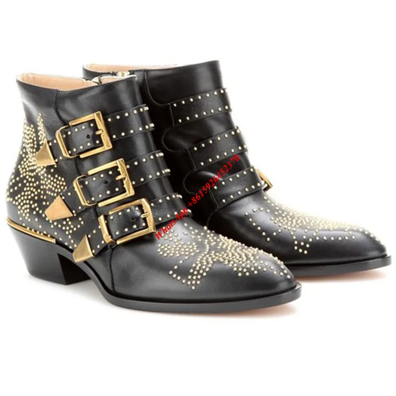 Online Get Cheap Black Ankle Boots With Gold Studs For Women Metal Buckles Women Boots Gold Studded Covered Chunky Heels Black Soft Leather Women Shoes Pointed Toe Ankle Boots Zip Side - Online Get Cheap Black Ankle Boots With Gold Studs For Women