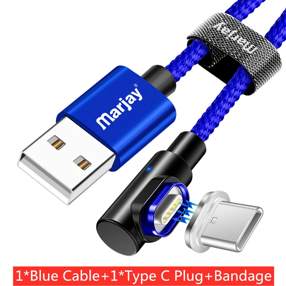 Marjay Магнитный USB кабель 90 градусов 3A быстрое зарядное устройство Micro usb type C кабель для iPhone Samsumg Xiaomi huawei кабели для мобильных телефонов - Цвет: Blue For Type-C