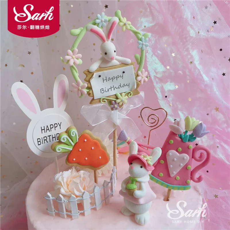 

Diy Rabbit Wreath Rabbits Happy Birthday carrots Cake Topper Baby Girl's Cake Decoration Party Decorations for Baking Cute Gifts