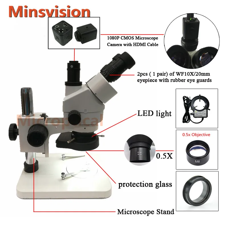 1080P HDMI CMOS Цифровая камера 0,7-4.5X Тринокулярный Стерео видео микроскоп светодиодный регулируемый светильник - Цвет: Trinocular microscop