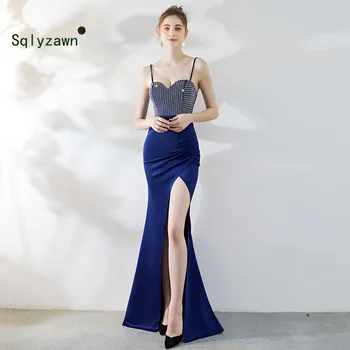 

Sexy Sleeveless Rhinestone Sequin Party Dresses Elegant Beading Side Split Long Dress Mermaid Bodycon Club Formal Gown