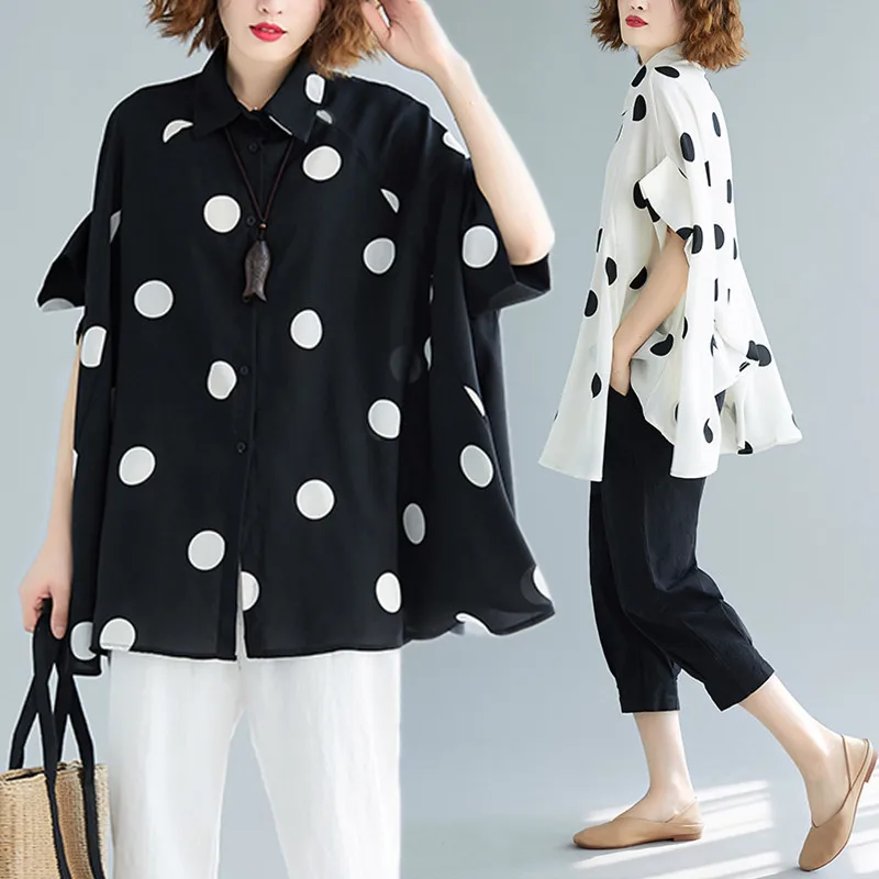 

BIG SIZE 4XL Summer Women Fashion Elegant Dots Tops Ladies Female Plus Large Short Sleeve Chiffon Ruffles Blouse Shirt Blusas