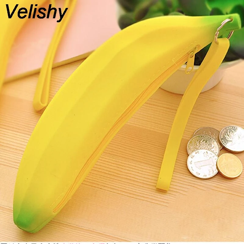 Velishy 1Pcs Kawaii Unisex Men Women Girls Silicone Portable Banana Coin Pencil Pen Case Purse Bag Case Wallet Pouch Keyring