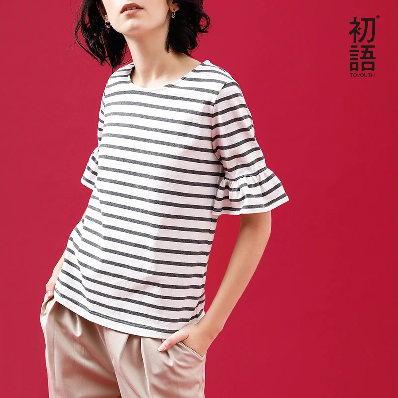 

Toyouth Women Summer Korean Style Chic T-shirt Ruffles Half Sleeve O-Neck Stripe Tops Loose Cotton Vintage Haut Femme