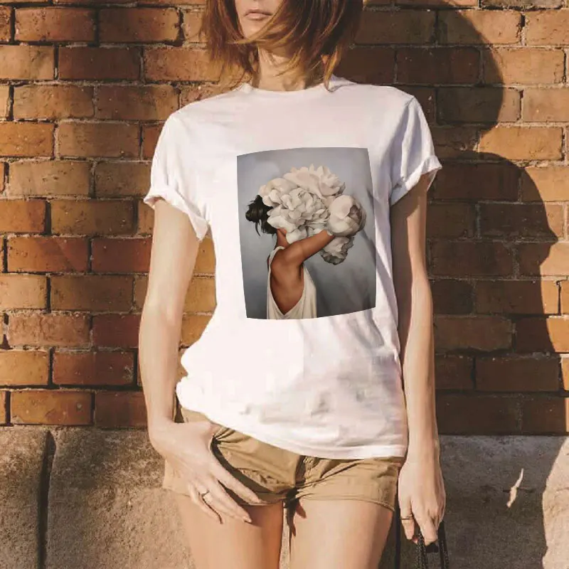 

Summer New 2019 Vogue Harajuku Style Sexy Flowers Feather T Shirt Leisure Short Sleeve Streetwear Aesthetic Hipster Tshirt Women