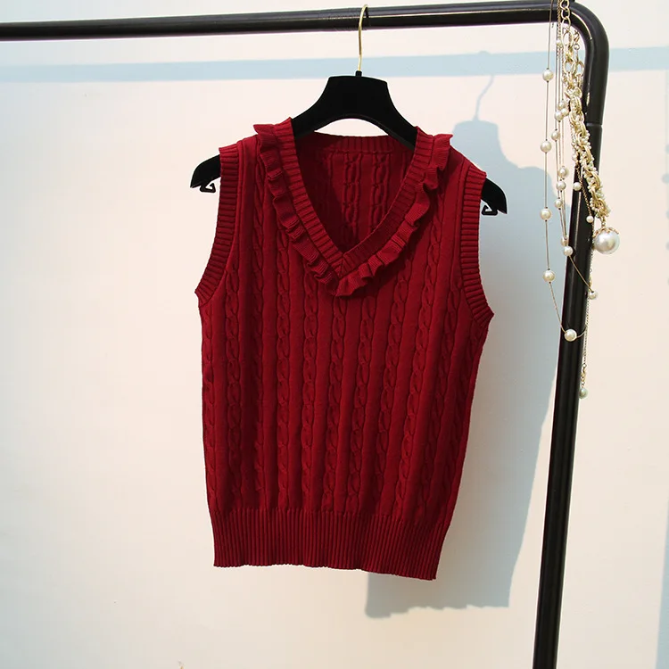 New! High Quality Spring Autumn Cashmere Sweater Vest Women Knitted Ruffles Splice Tank top Female Sleeveless Knit Pullovers 299