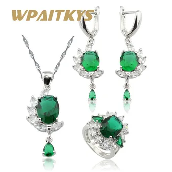 

Silver Color Jewelry Sets Green For Women Wedding Party Crystal Long Earrings Pendant Necklace Rings Gift Box WPAITKYS