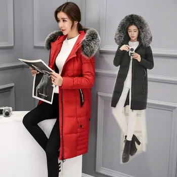 

Plus Size S-5XL Women's Duck Down Jacket Slim Zipper Fox Fur Hooded Coat Winter Warm Medium Long Parka Doudoune duvet femme DJ01