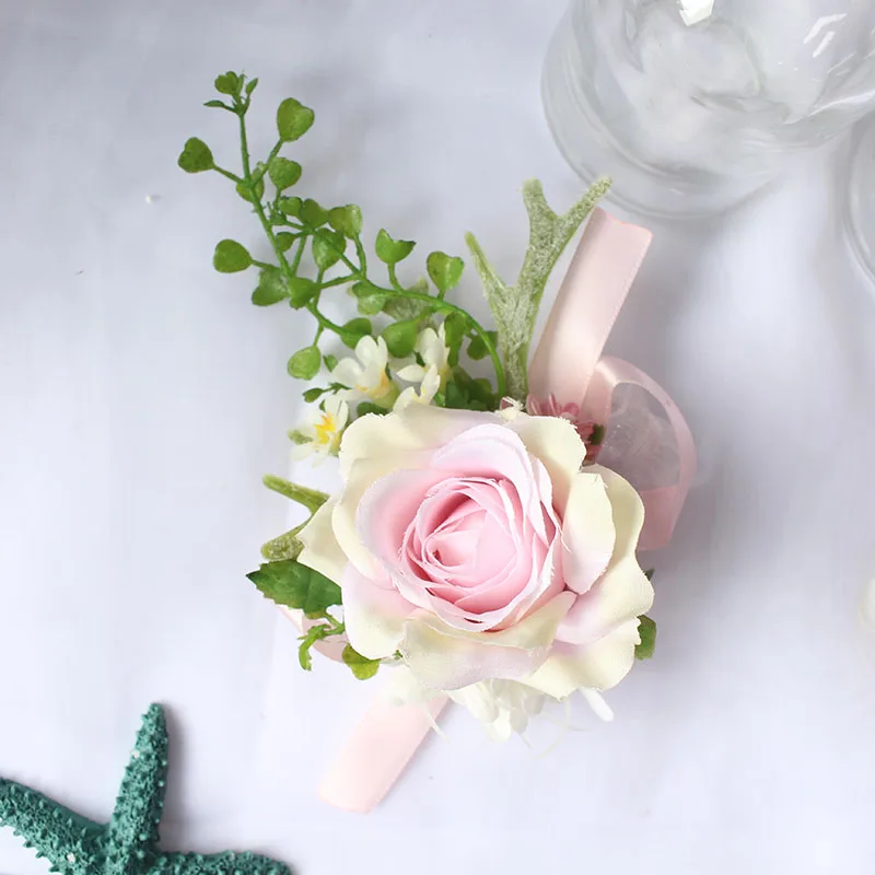 bride wrist corsage wedding flower  Groom Groomsman boutonniere Brooches rose artificial flower  (17)