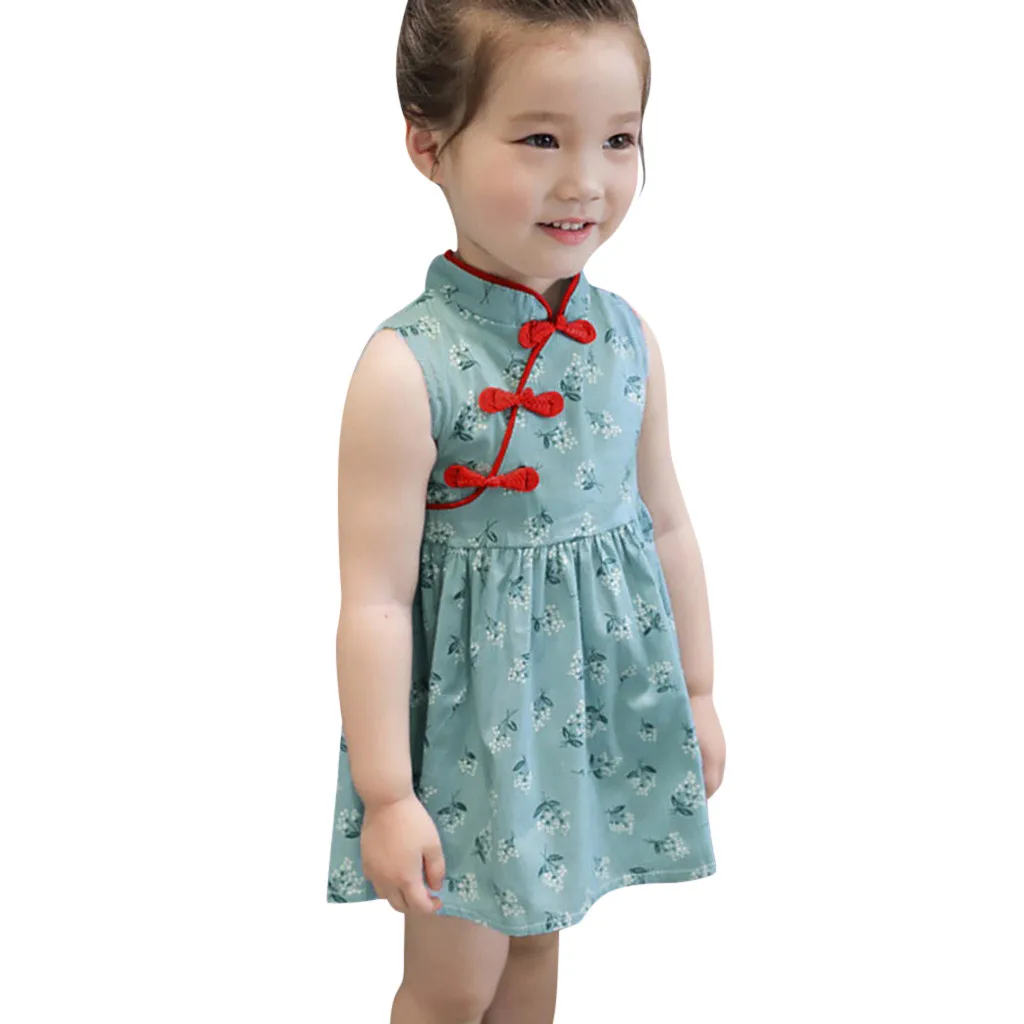 От 6 месяцев до 5 лет) Детские платья без рукавов для маленьких девочек, цветочный чонсам, нарядное платье принцессы в китайском стиле, одежда для детей