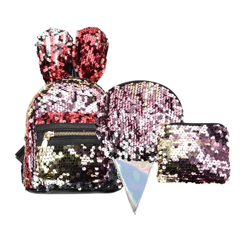 3 шт./компл. Для женщин заячьи ушки рюкзак для девочек с блестками и Travelbag Блестящий яркий рюкзак школьная сумка с изображением милых сердечек в форме клатч Mochila - Цвет: Type B Red