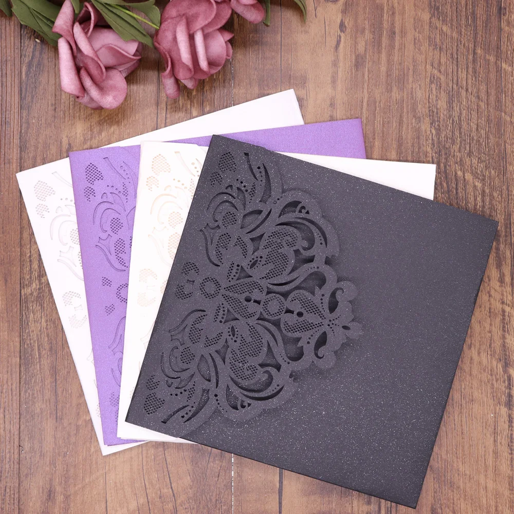 

10pcs/pack Lace Laser Cut Wedding Invitation Card Cover Square Shinny Pearl Paper Carved Invitations Festival Party Favor Decor