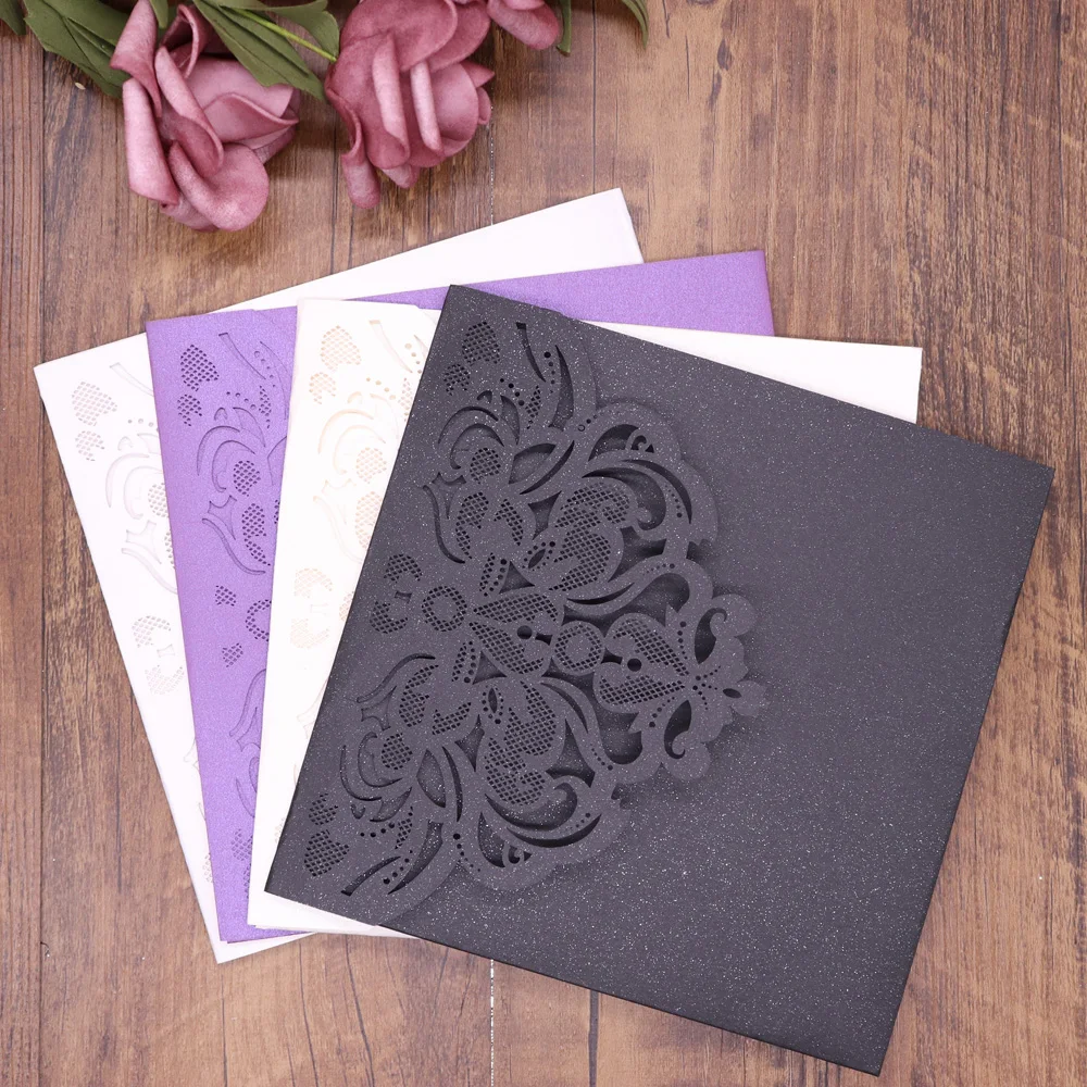  10pcs/pack Lace Laser Cut Wedding Invitation Card Cover Square Shinny Pearl Paper Carved Invitation - 33019991552