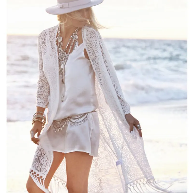 

Women Fringe Lace kimono cardigan White Tassels Beach Cover Up Cape Tops Blouses damen bluze