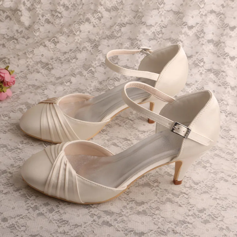 

Wedopus Kitten Heels Wedding Day Shoes Closed Toe Ivory Satin Mary Jane Pleated Women Pumps