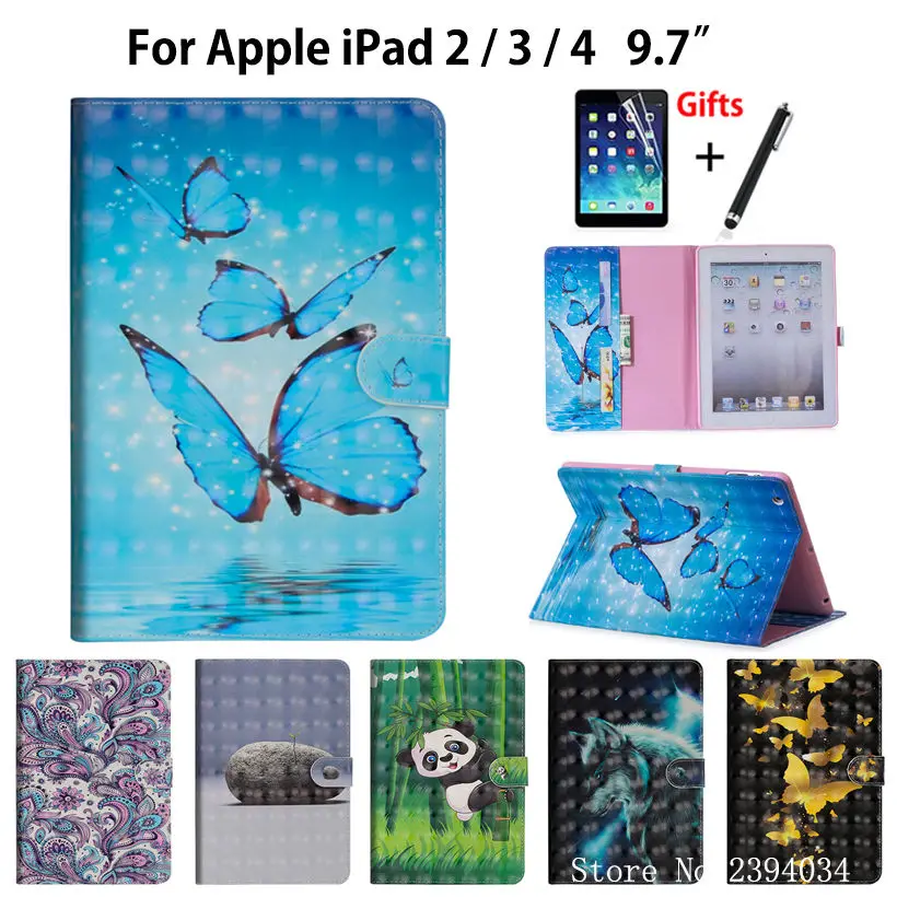 Чехол для Apple ipad 2 3 4 чехол для ipad 4 ipad 3 ipad 2 Funda планшет 3D окрашенный силиконовый PU кожаный чехол-подставка + стилус + пленка